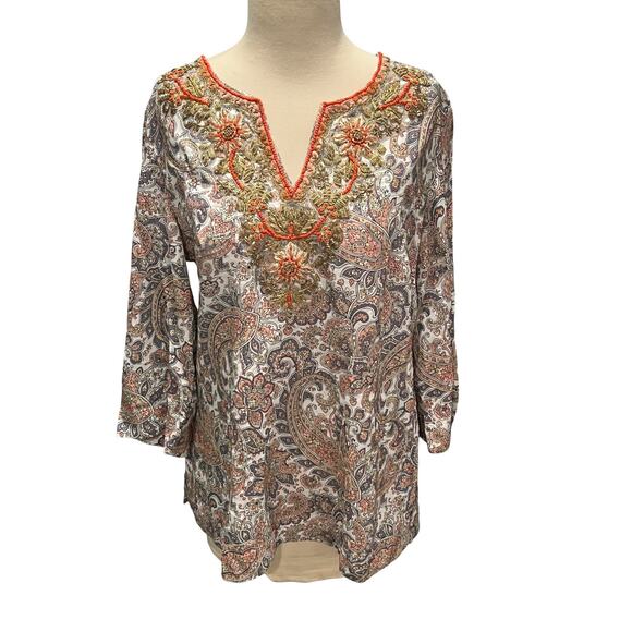 Soft Surroundings Tops - Soft Surroundings Womens M Top Paisley Floral Beaded Tunic Boho Embellished
